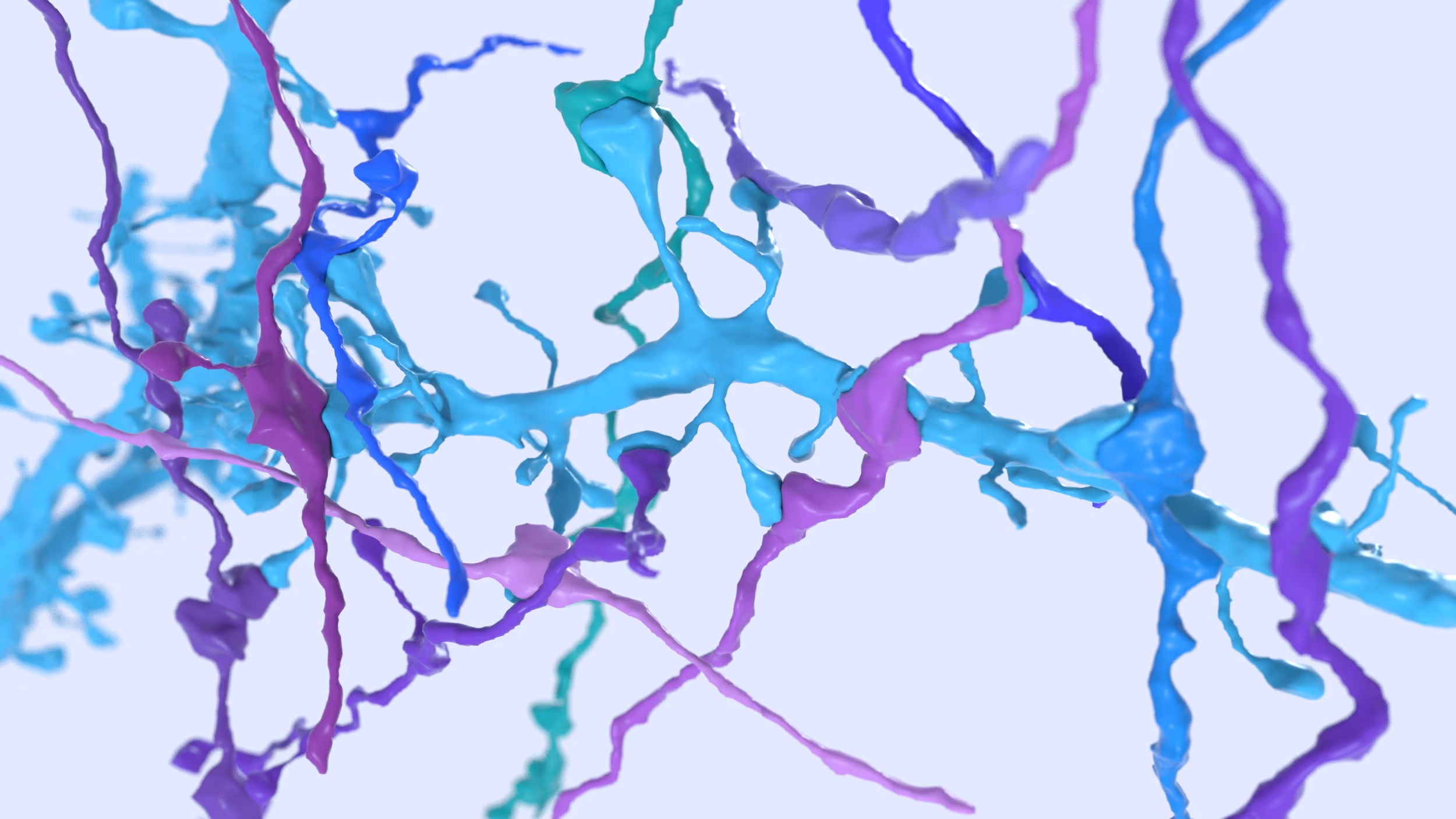Abstract 3D molecular structure with cyan, purple, and blue intertwined ribbons