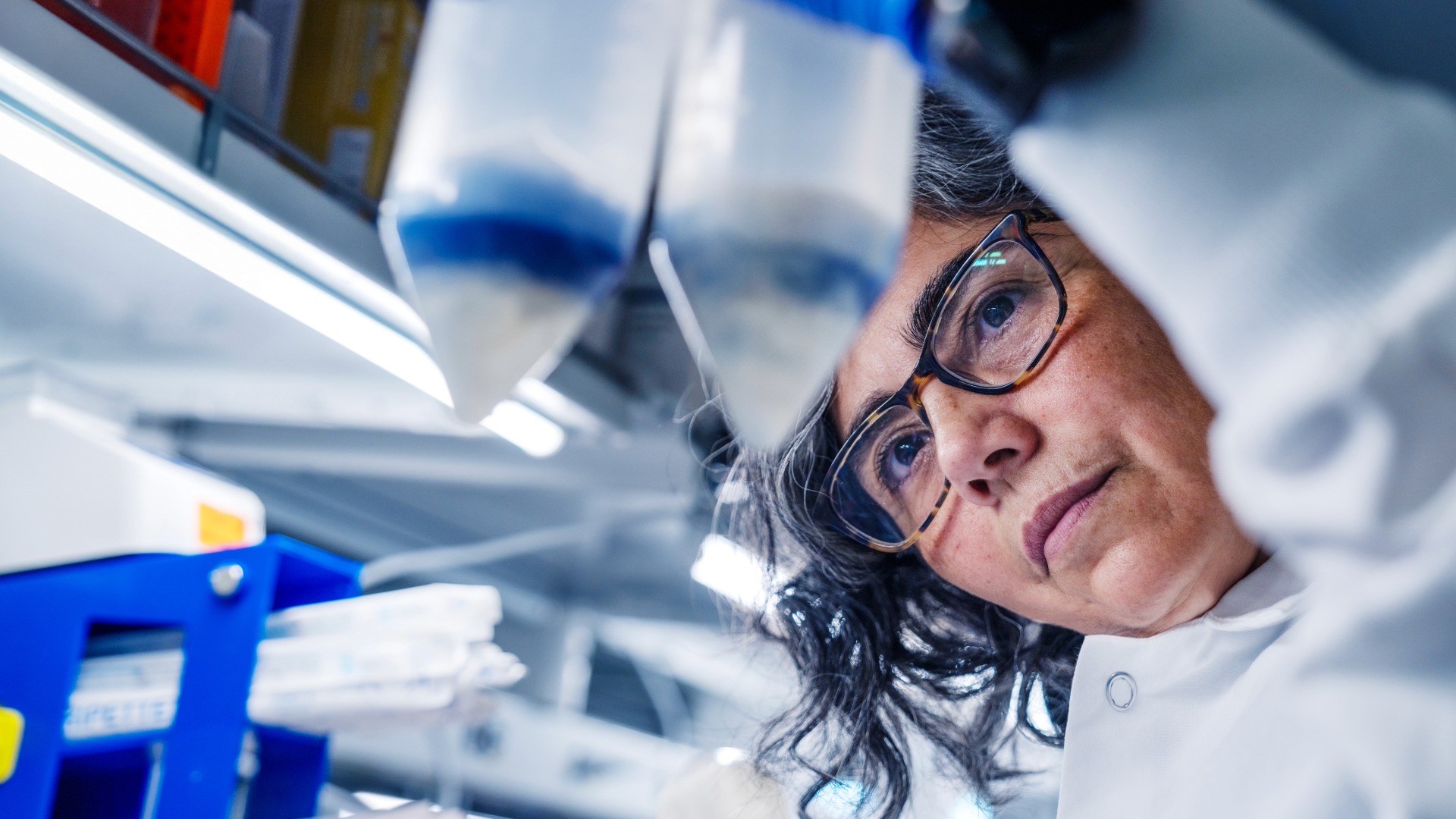 Scientist wearing glasses examining laboratory equipment in a bright lab setting