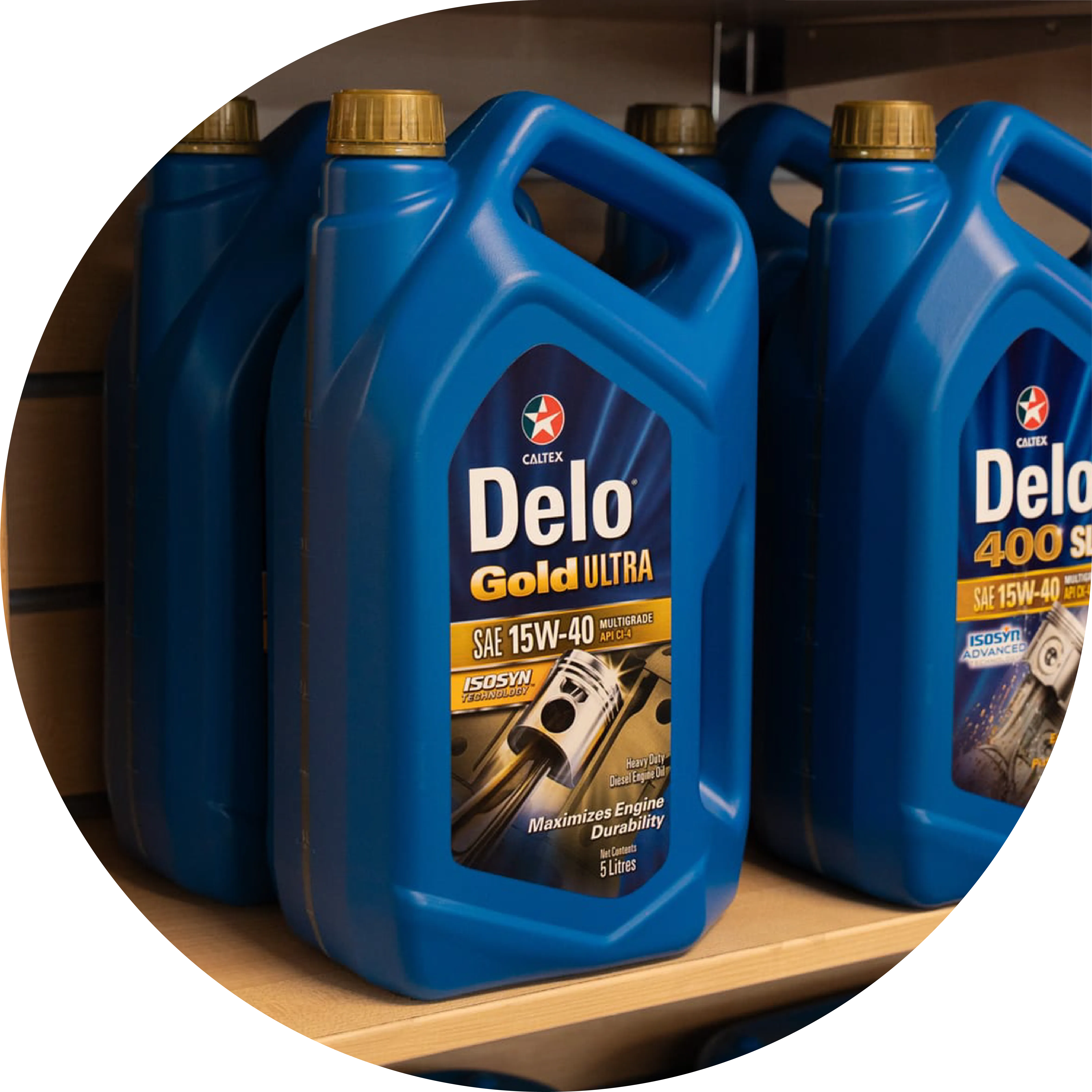 Shelves with Delo gold ultra products