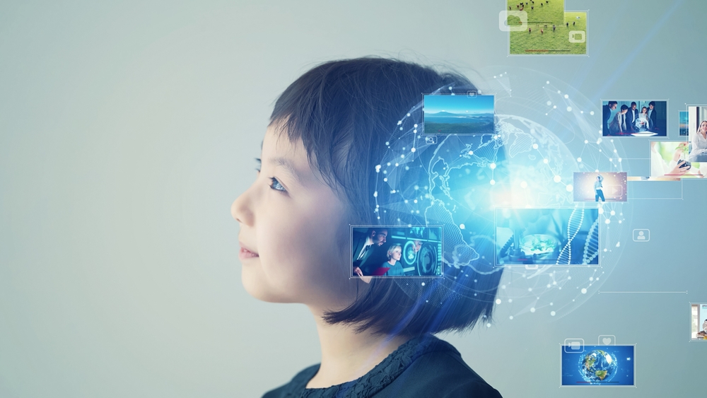 Child surrounded by digital images symbolizing the power of assistive technology for reading