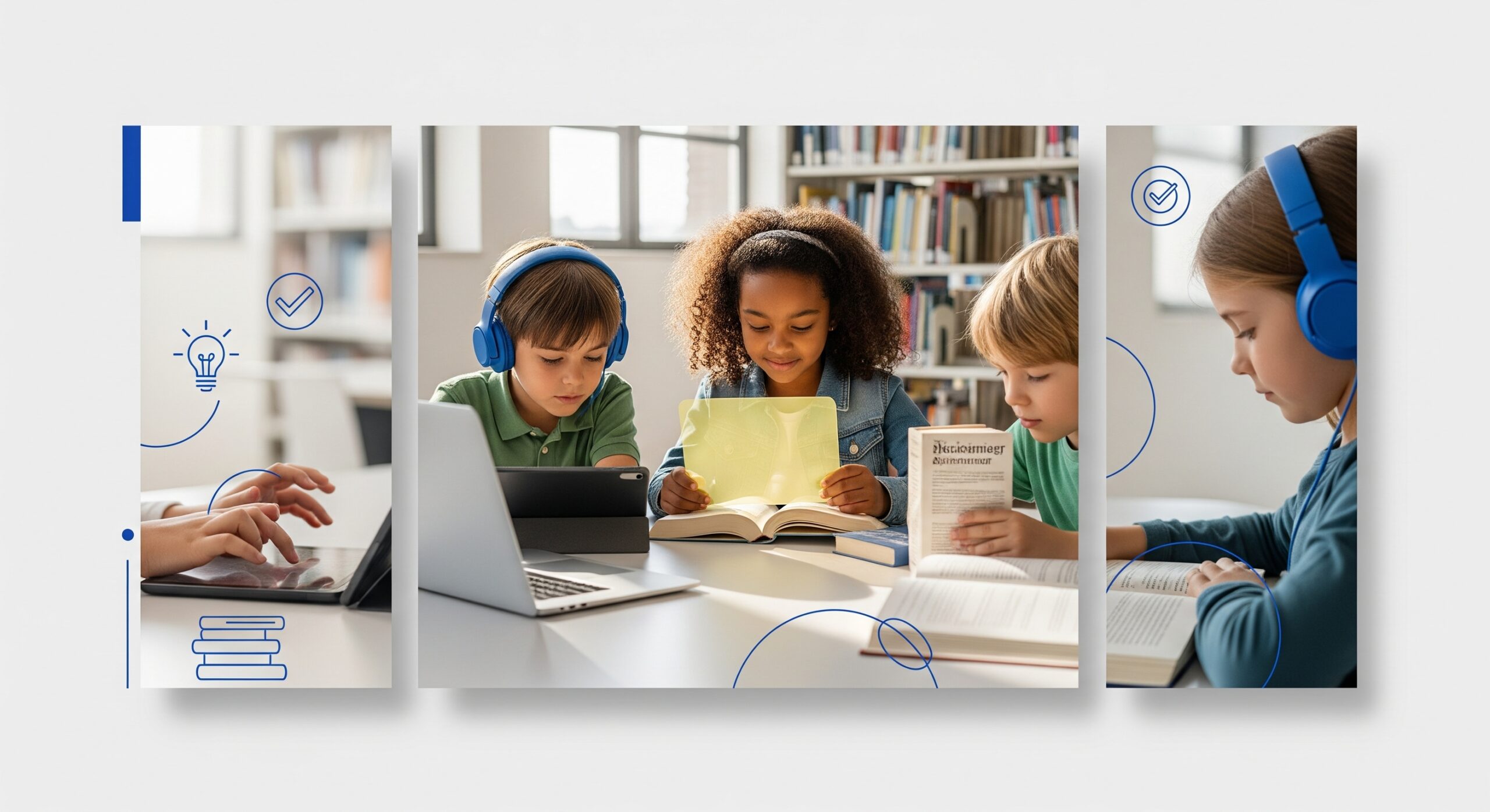 Group of kids reading books and tablets for reading growth