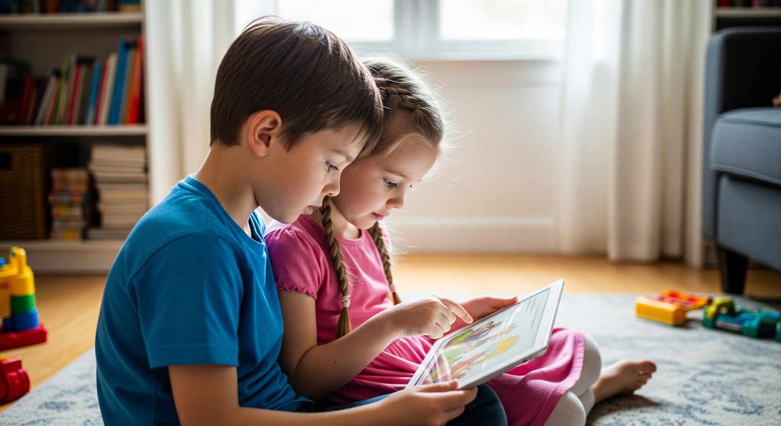 Children reading together on tablet.