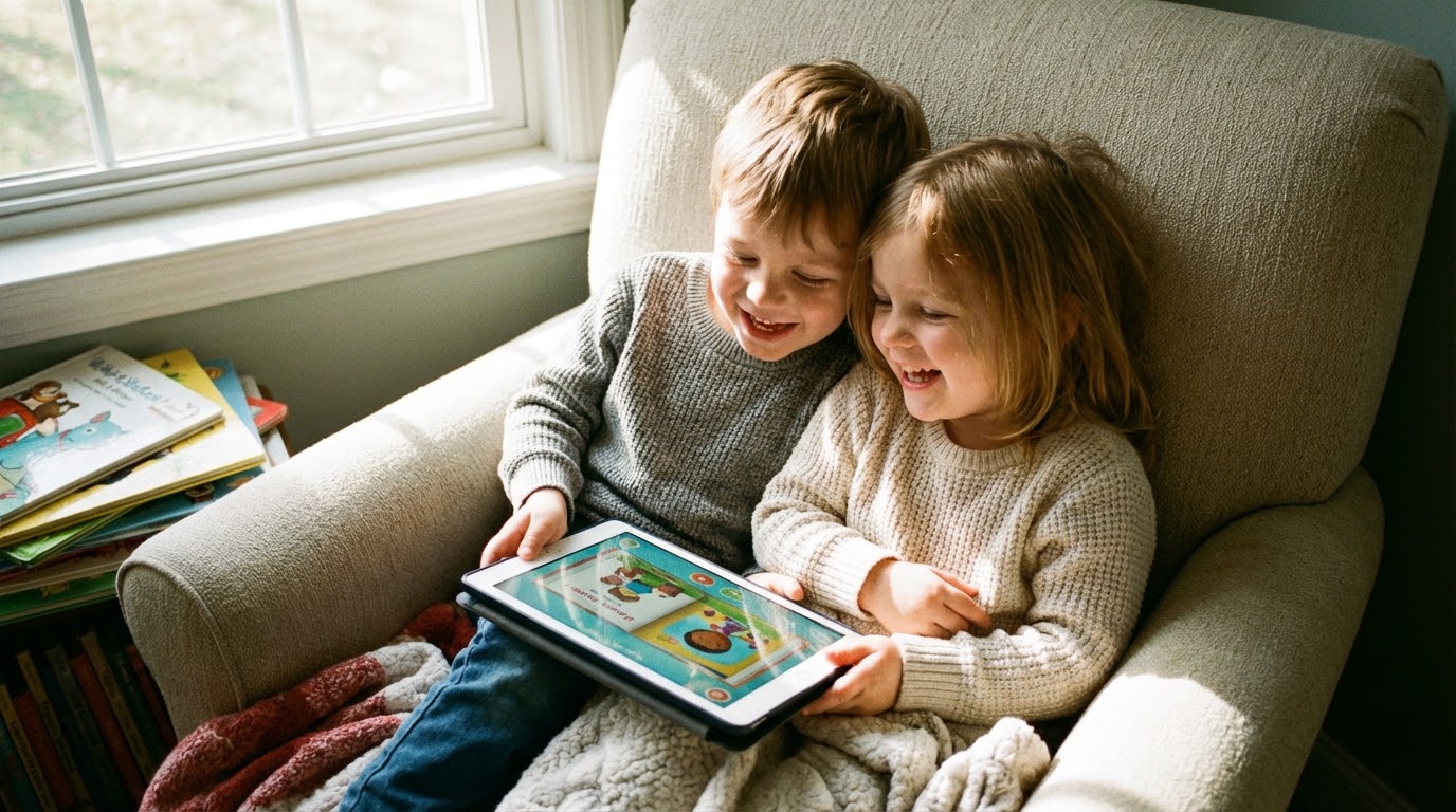 Two children using a tablet together.