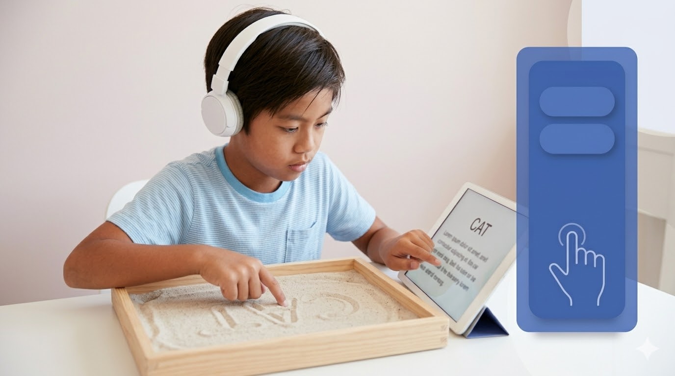 Child using sensory tools like headphones and sand tray for ADHD reading