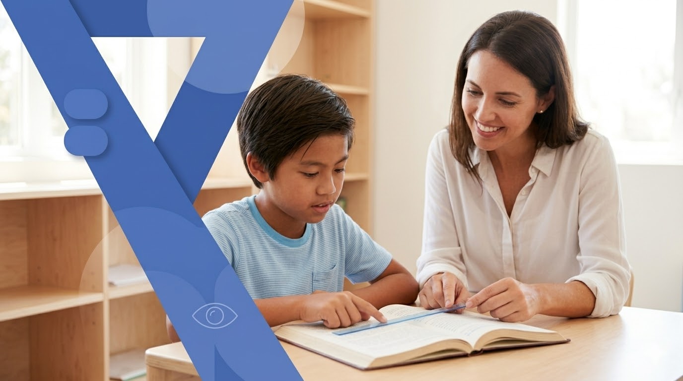 Teacher helping child with ADHD in reading a book