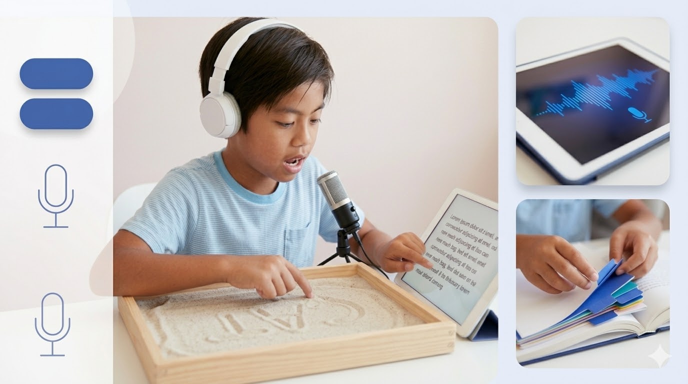 Child using headphones and microphone with a tablet for ADHD reading