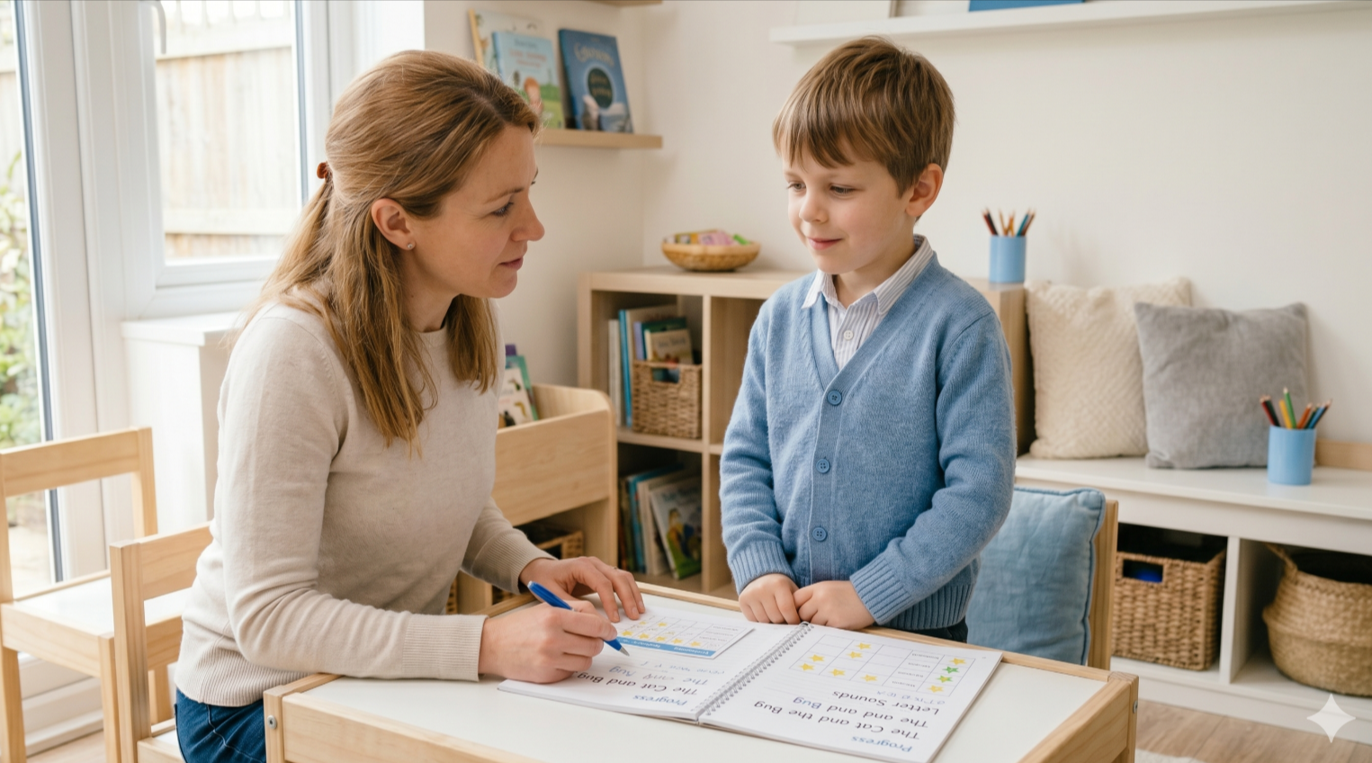 teacher helping kid with phonics