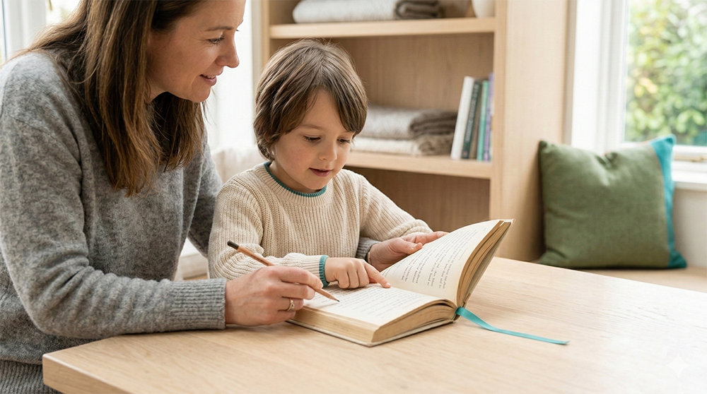 Child and adult reading book, homeschool resource list