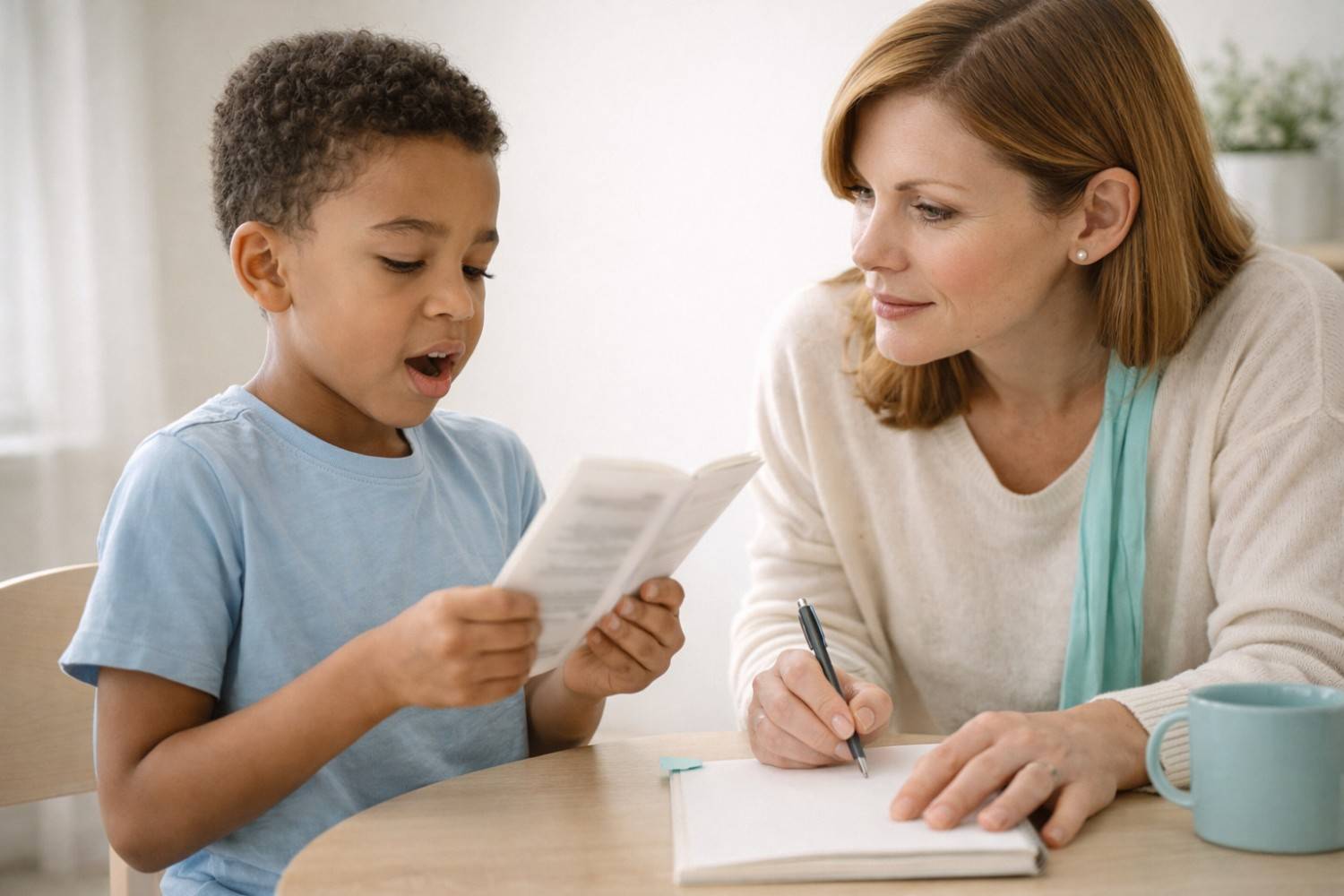 Child reading aloud with teacher in multisensory reading program