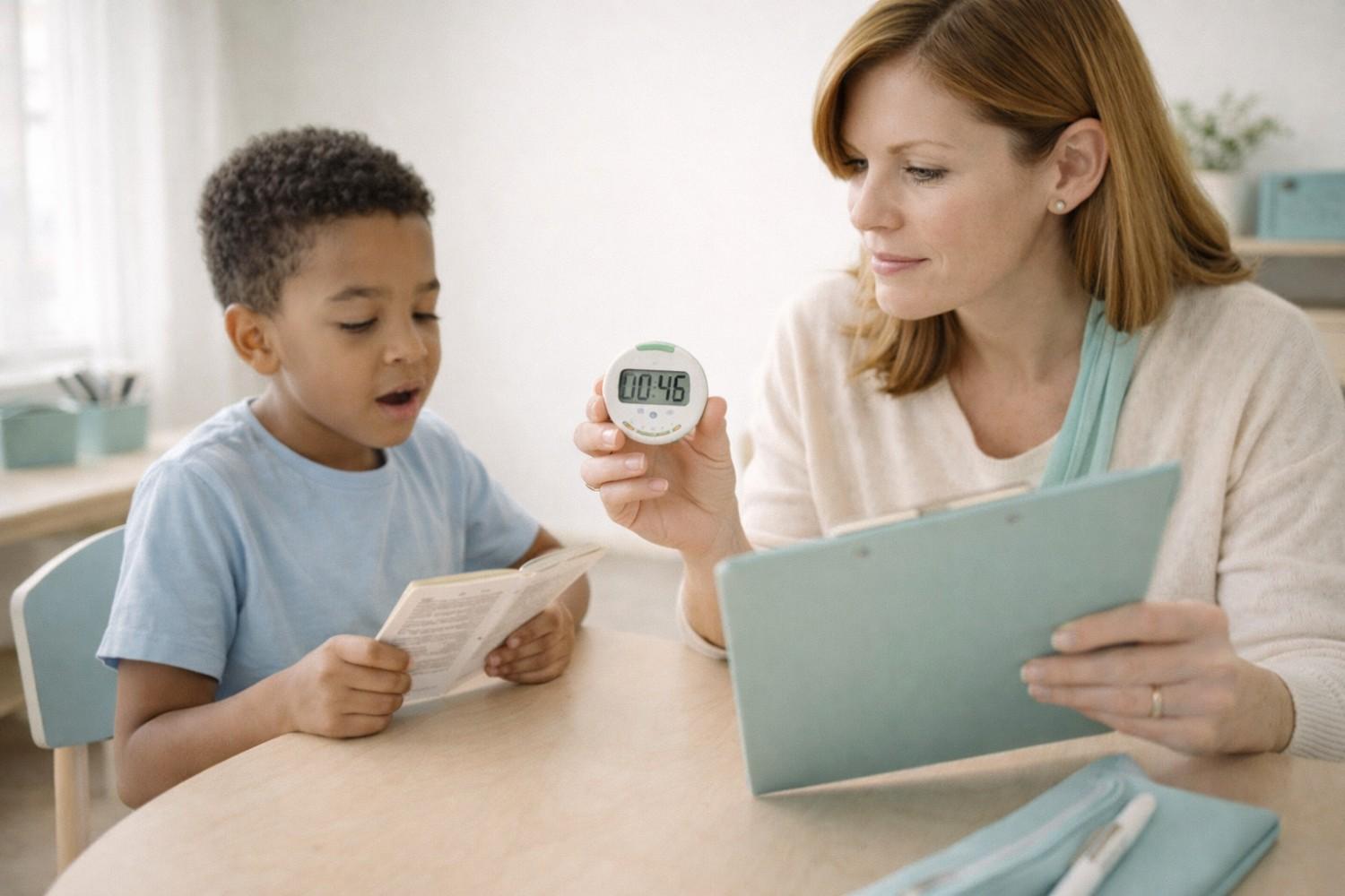 Teacher timing reading session in multisensory instruction