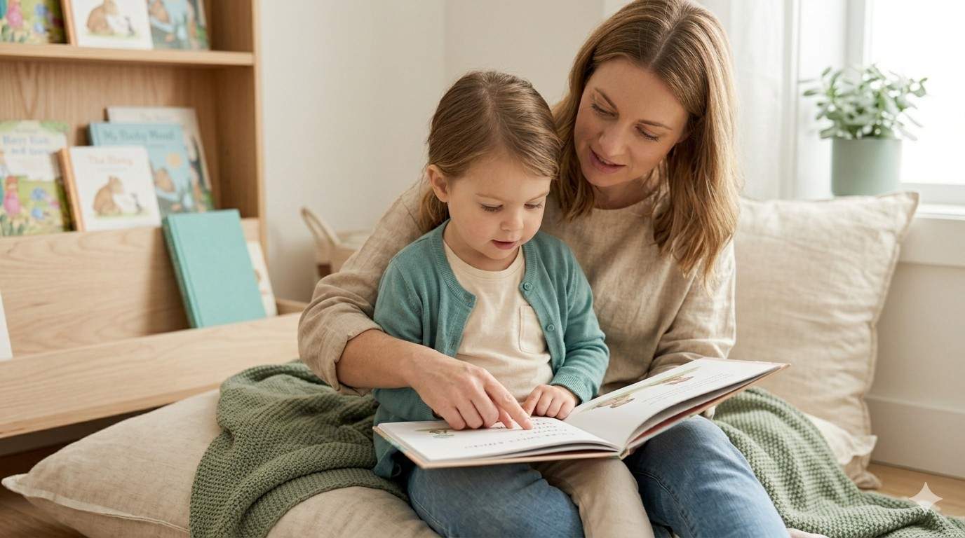 Mother guiding child through a storybook, learning to read together.