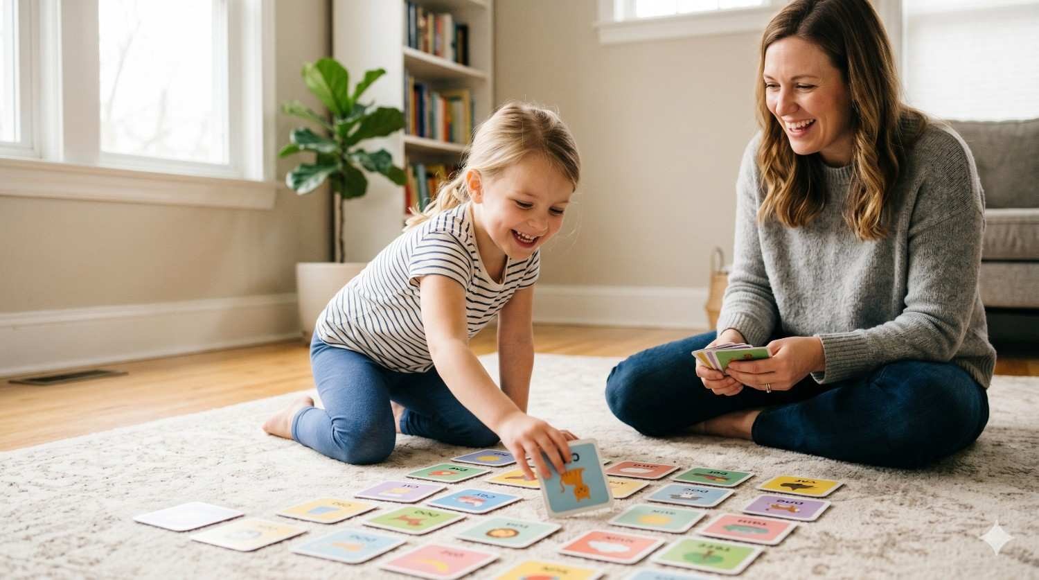 Parent and child playing card game to recognize high frequency words for kindergarten
