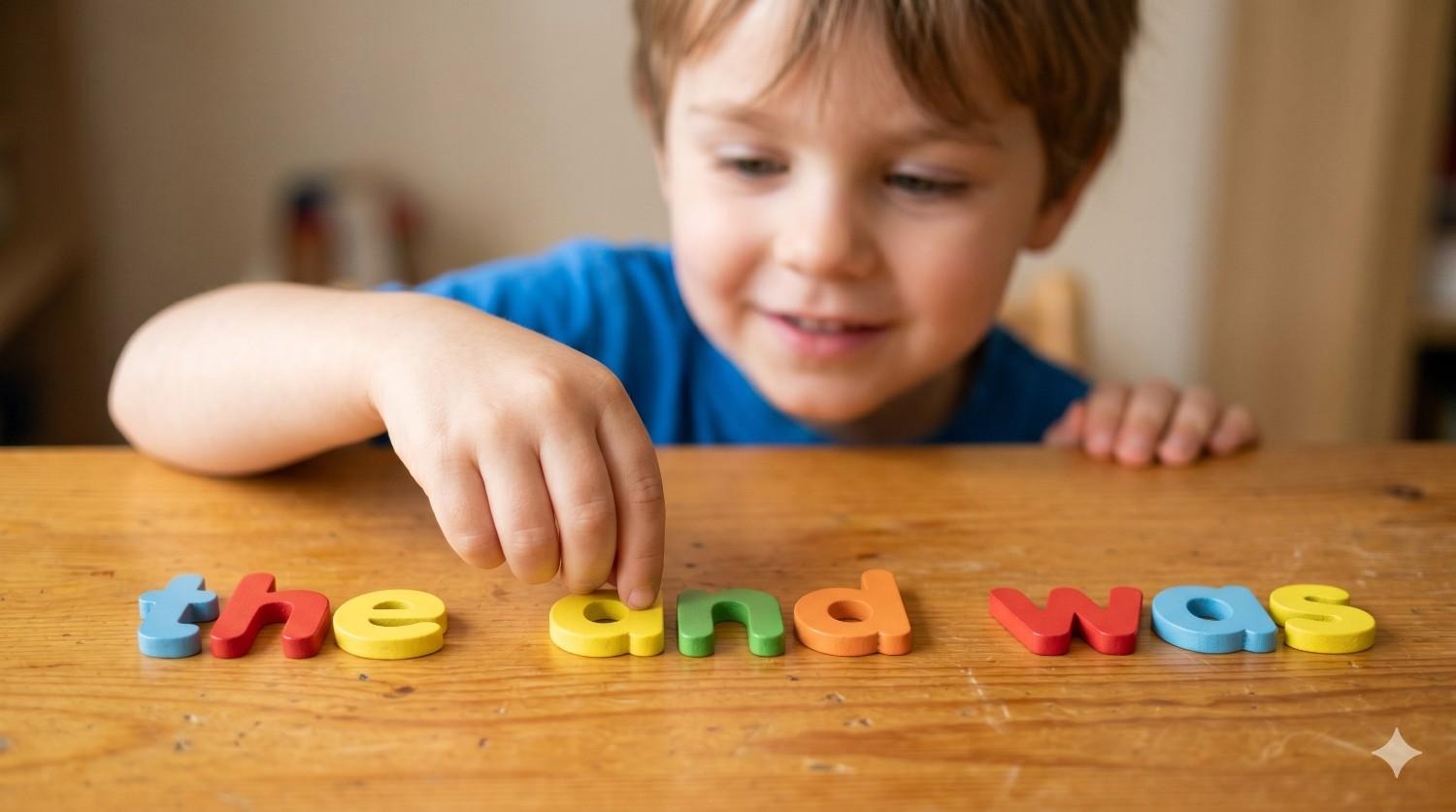 Child forming high frequency words with colorful letters at home