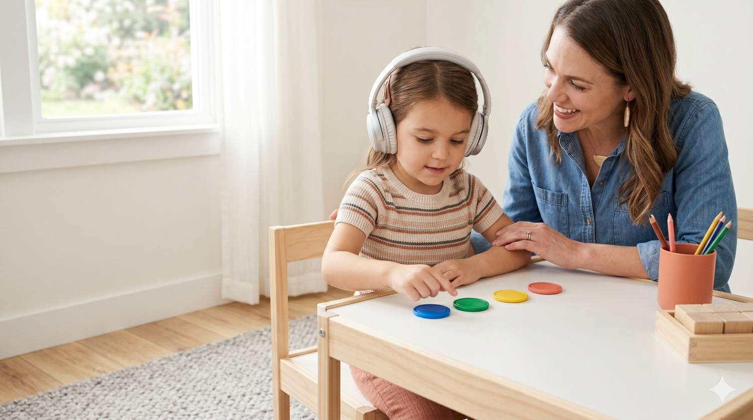 Child with headphones learning with educational apps at a table