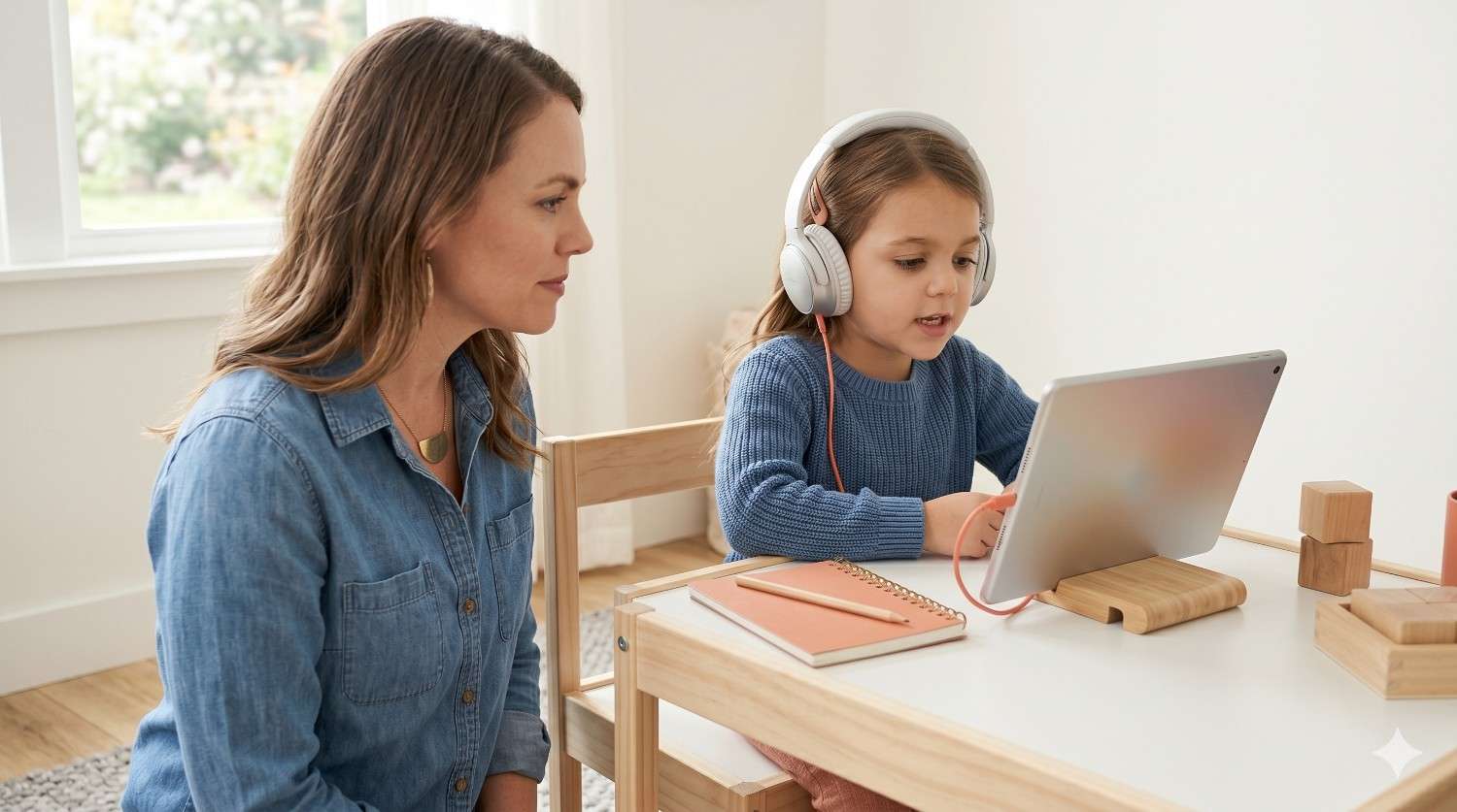 Child using a tablet with reading apps for kindergarten under parental supervision