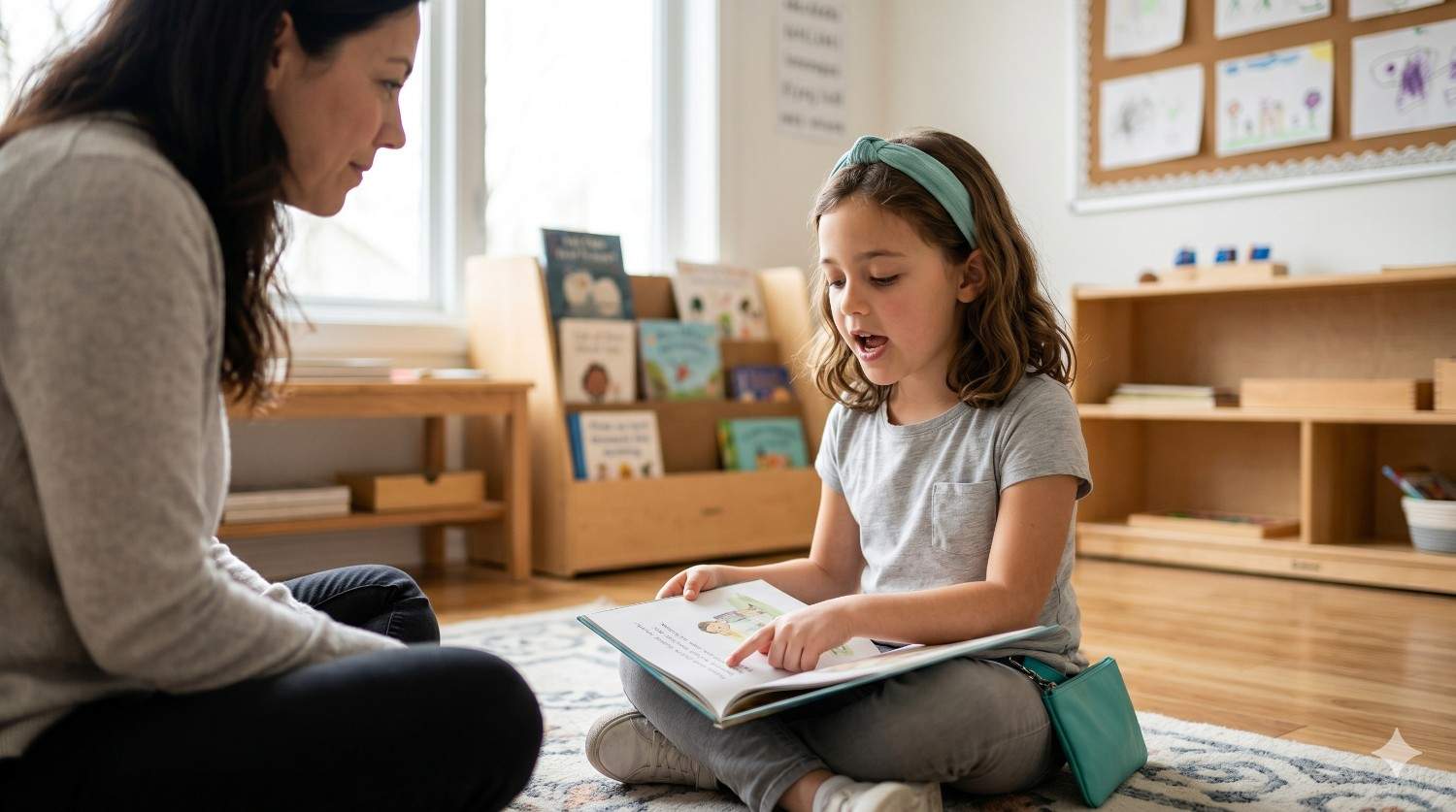 Young girl reading with a woman in home setting
