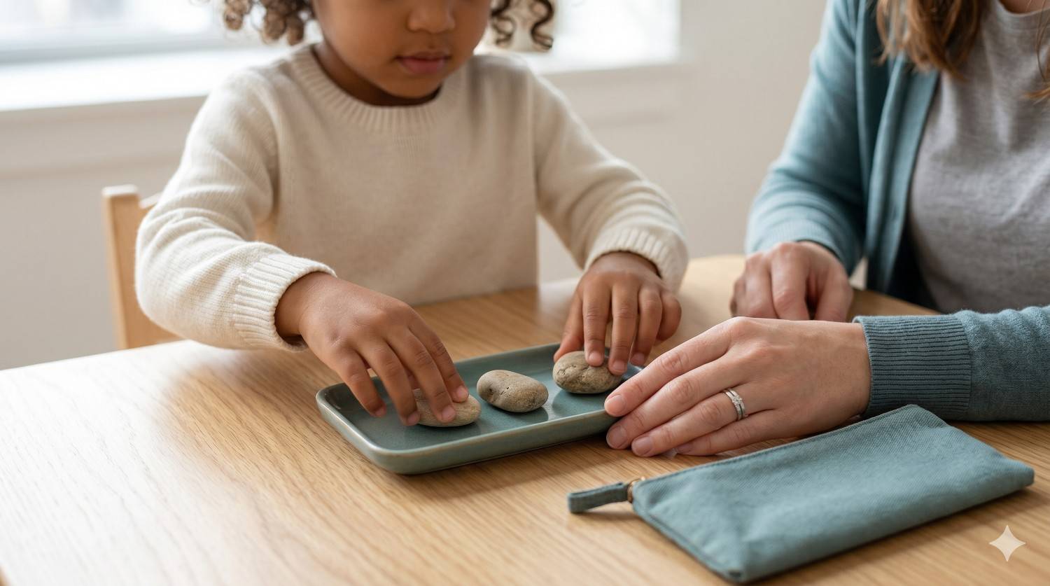 A child and adult interact during an orthographic mapping learning activity with stones.
