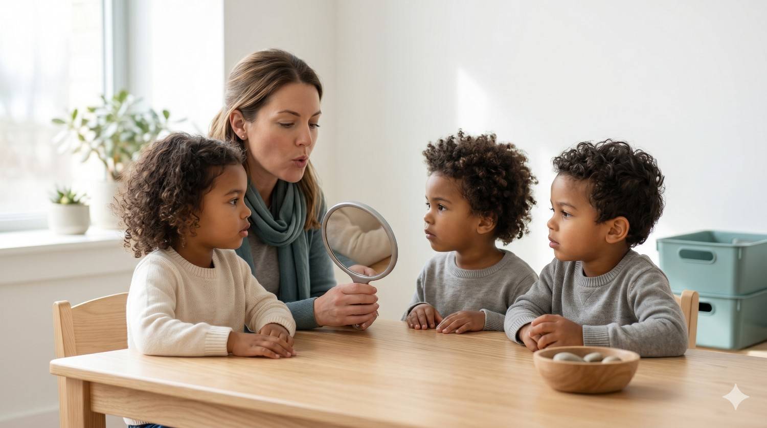 Children and adult group session on orthographic mapping using a mirror