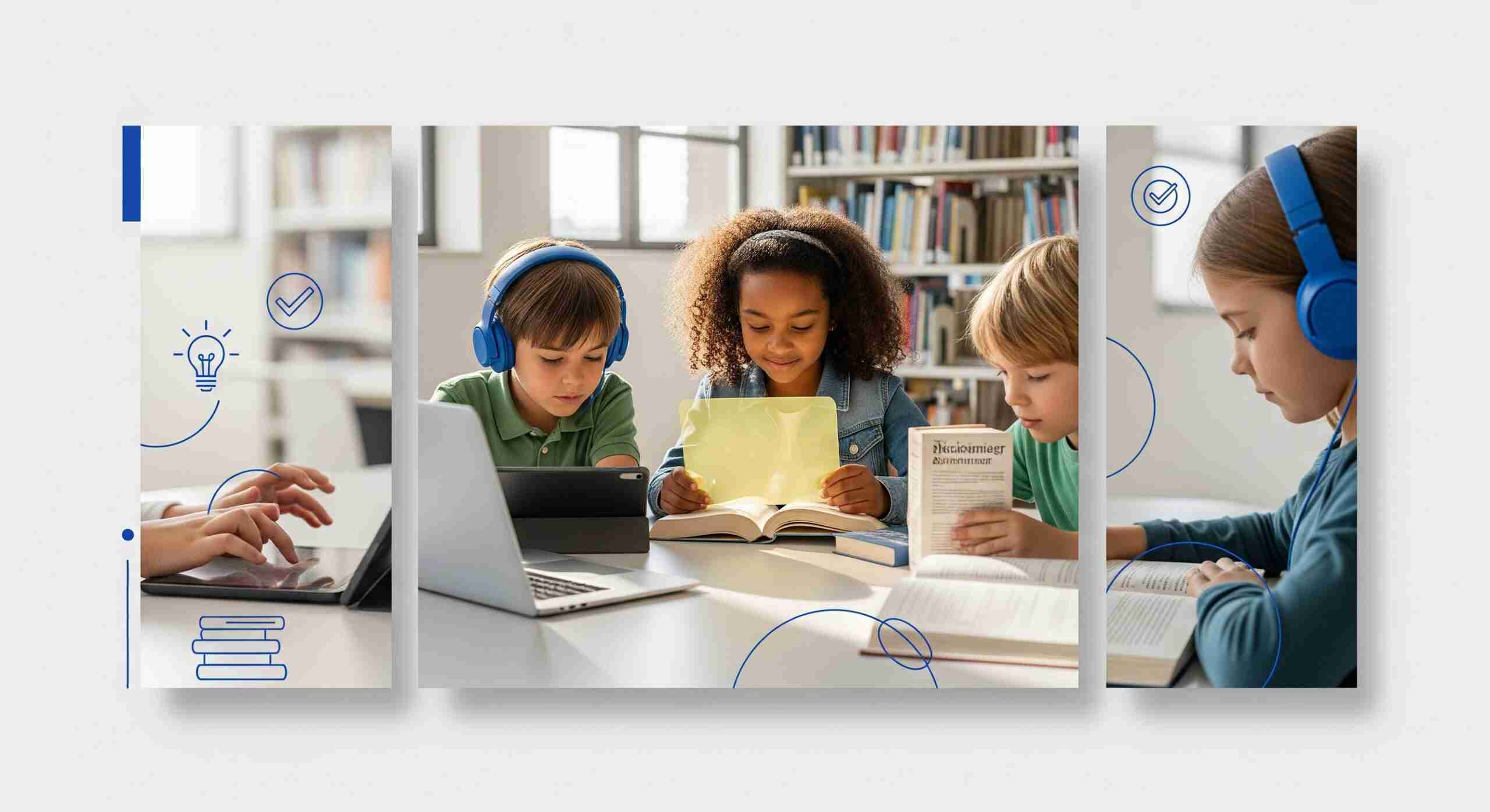 Group of kids reading books and tablets for reading growth
