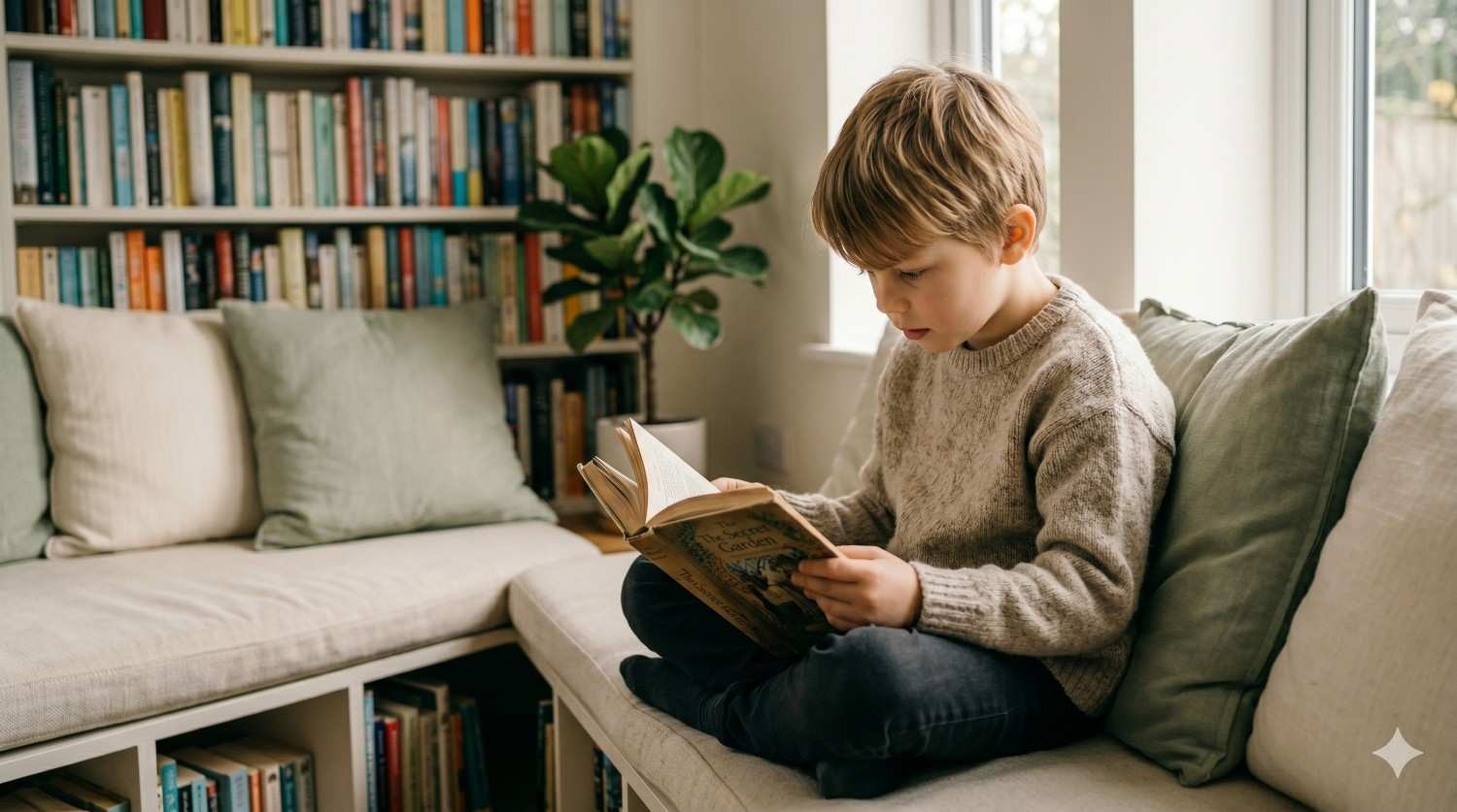 Young boy reading independently, illustrating reading milestones by age chart.