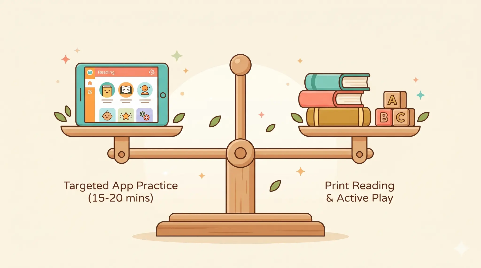 Screen time balance scale showing healthy app usage versus physical reading