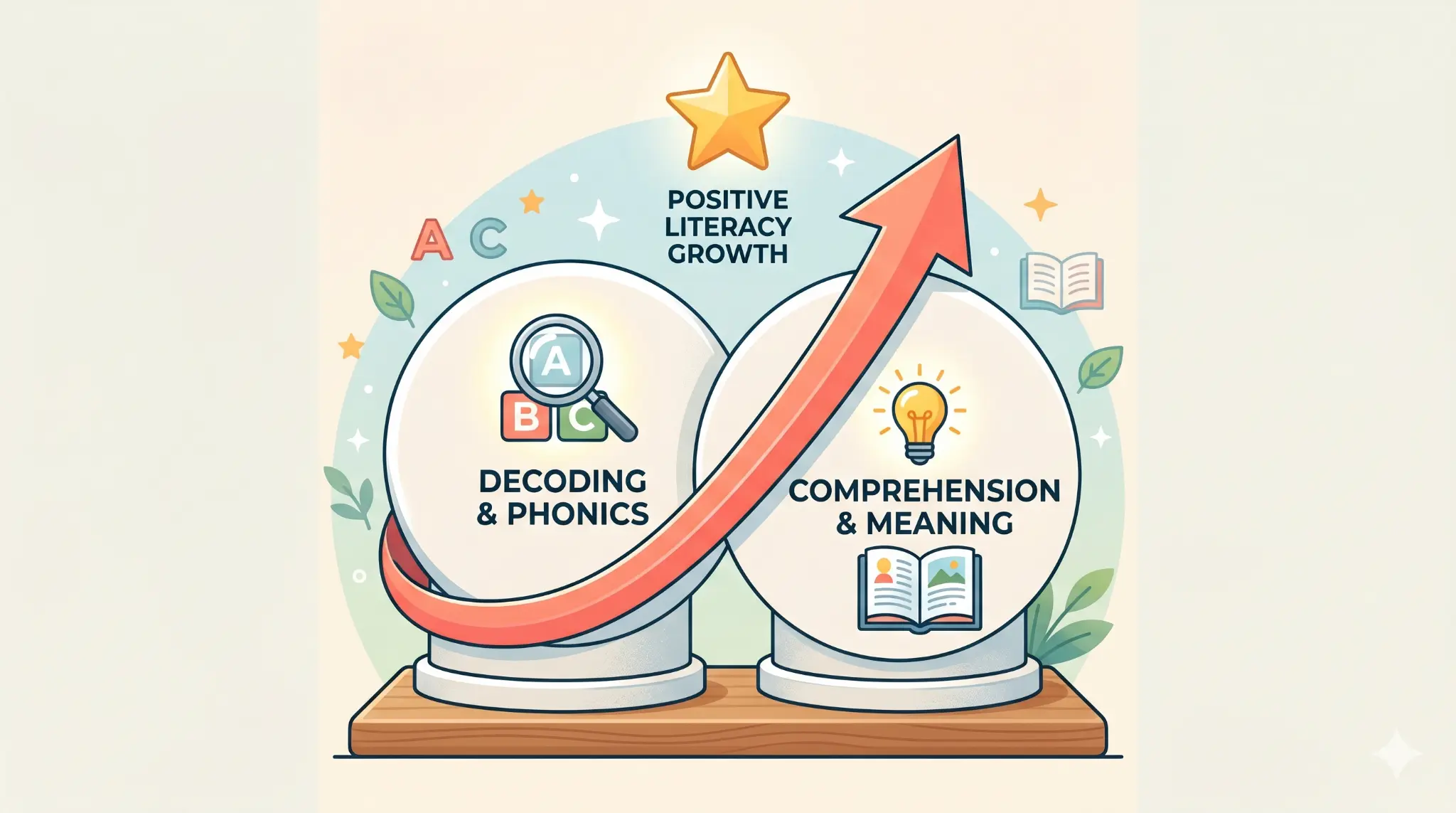 Decoding and comprehension pillars showing the dual foundations of reading success