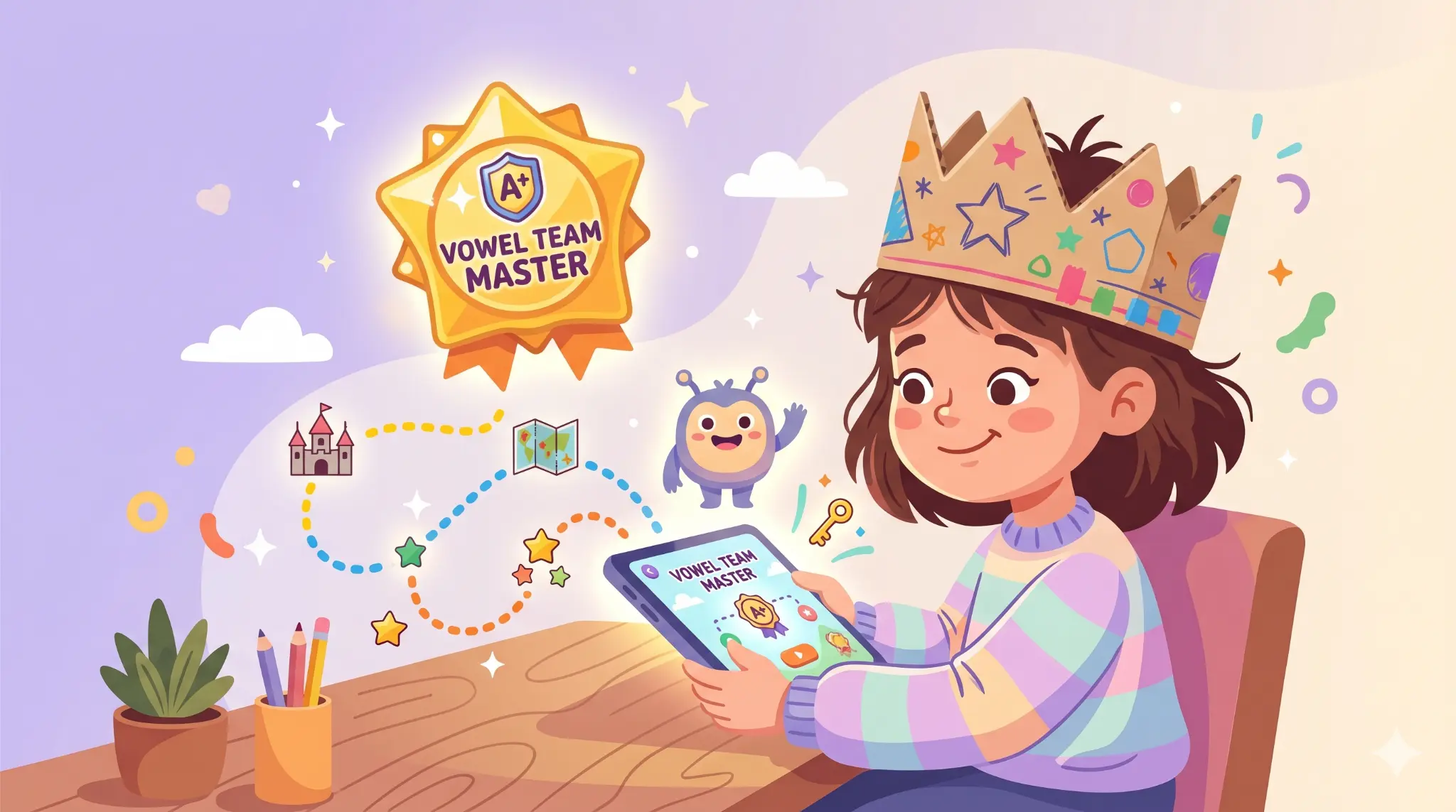 Second grader celebrating achievement with gamification badges and crown