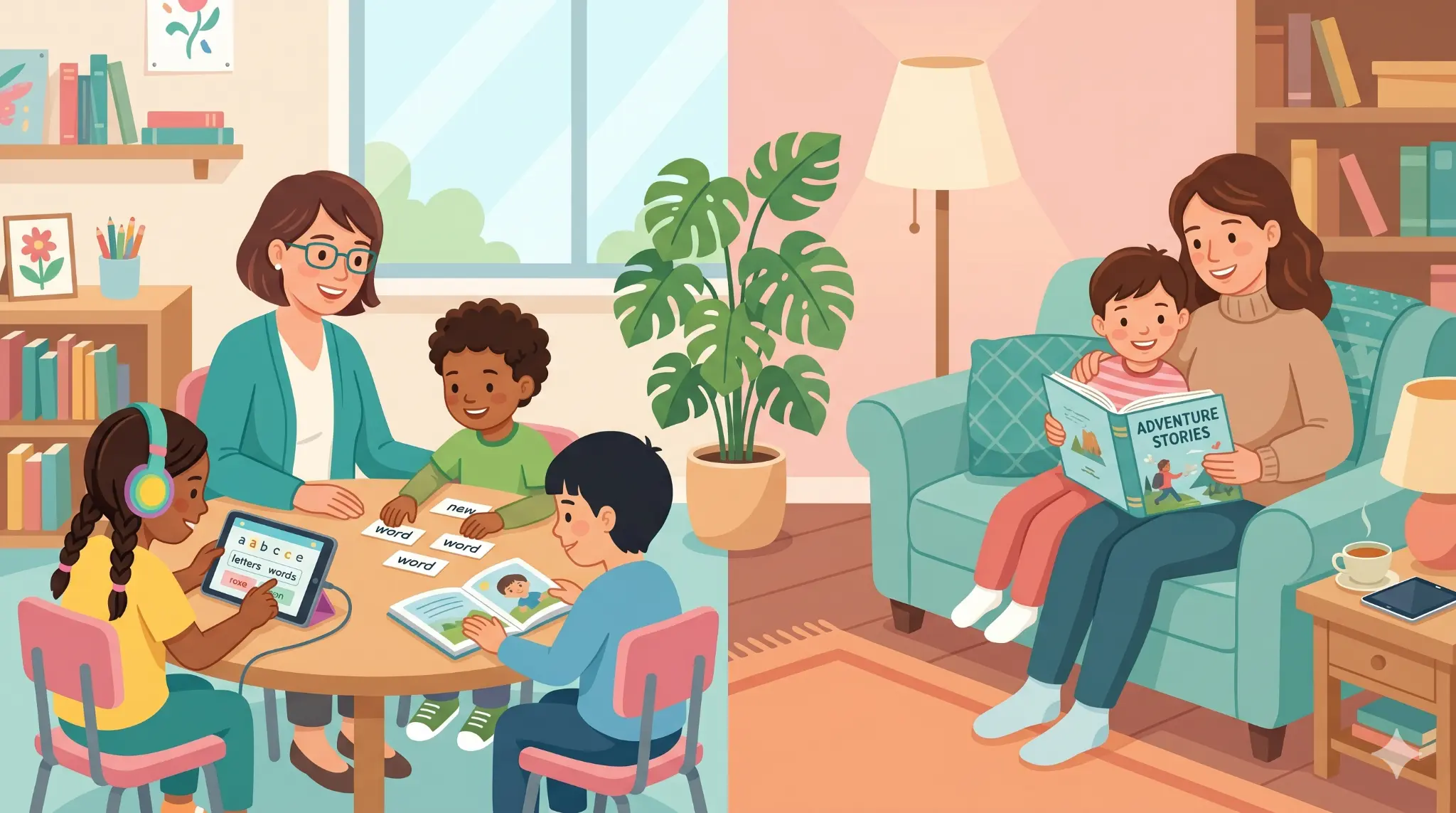Classroom and home literacy implementation showing balanced digital and print reading