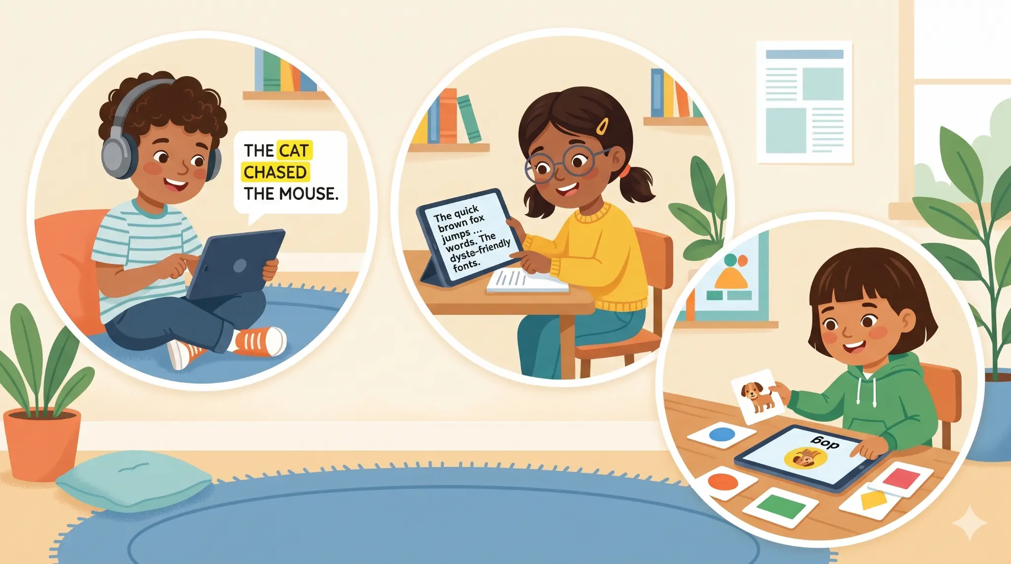 Diverse learners using reading apps with accessibility features including text-to-speech and dyslexia-friendly fonts