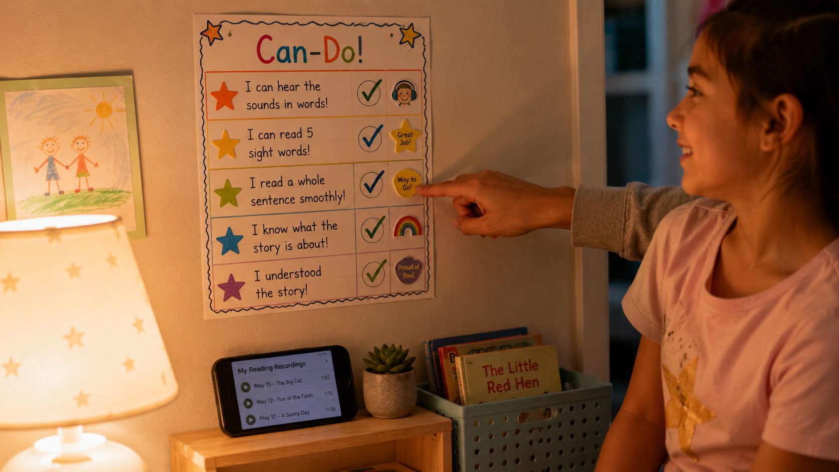 Child reading progress tracking with can-do checklist showing literacy milestones