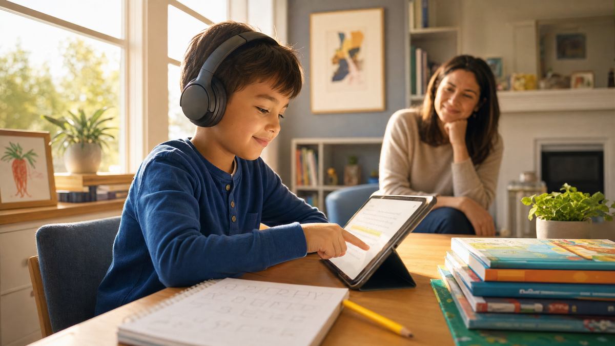 Child with dyslexia using tablet reading tool with headphones