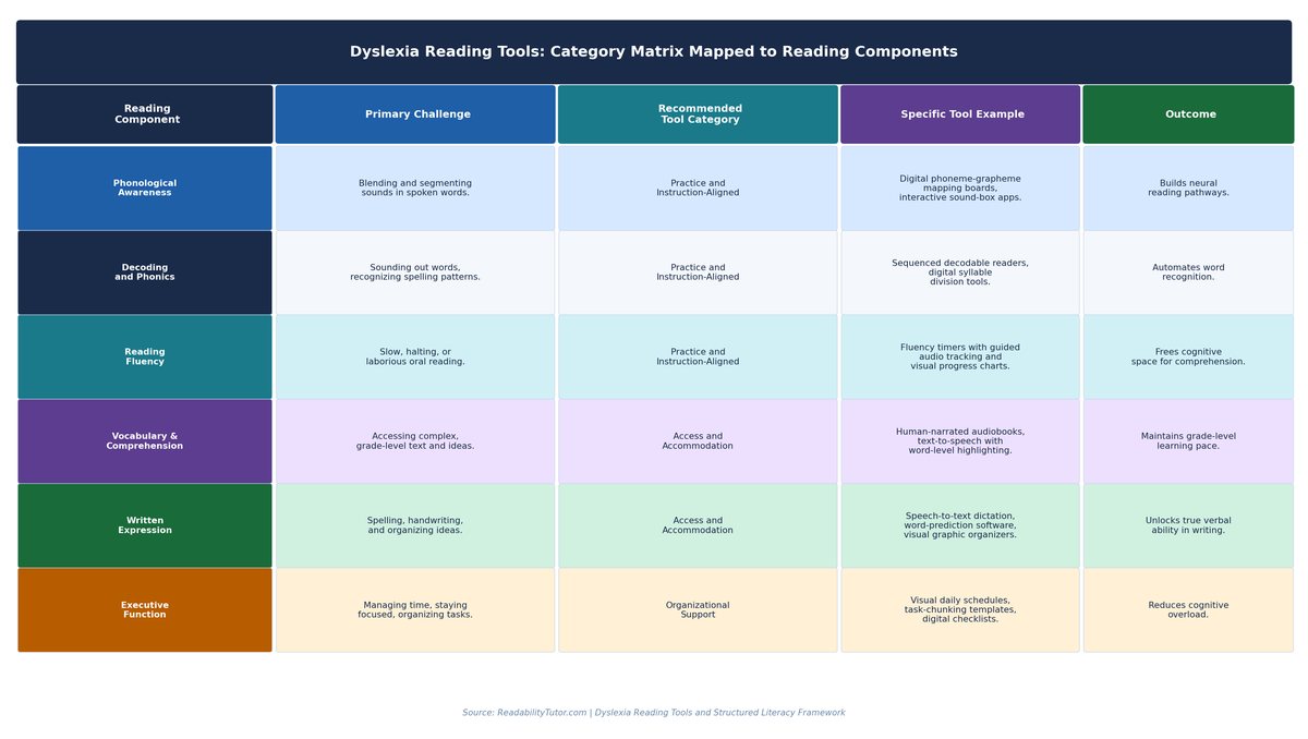 Dyslexia Reading Tools Category Matrix mapped to Reading Components