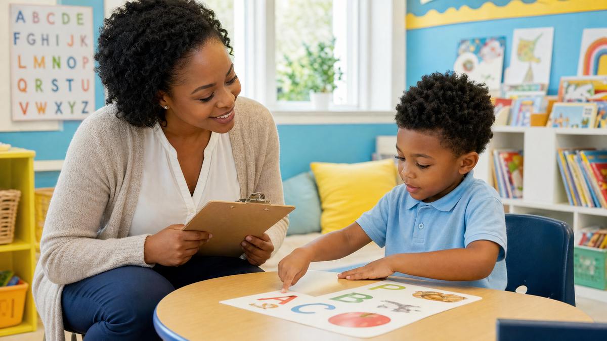 Teacher conducting early dyslexia literacy screening with young student in classroom