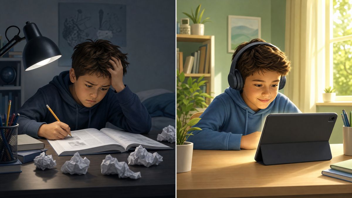 Split-screen showing student struggling with print textbook vs student succeeding with text-to-speech tablet tool