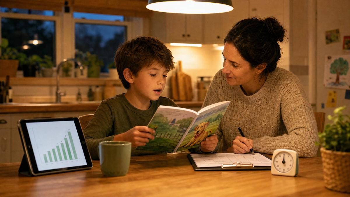 Parent and child practicing reading together at kitchen table with decodable reader and progress tablet