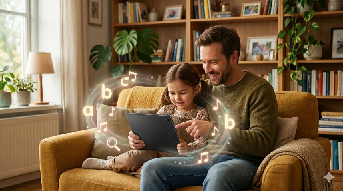 Parent and child using a reading app for kids together on a tablet