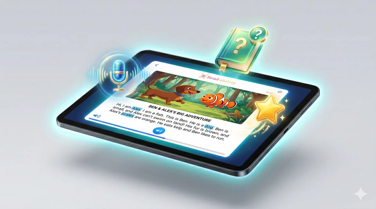 Readability Tutor app showing voice feedback and interactive comprehension features