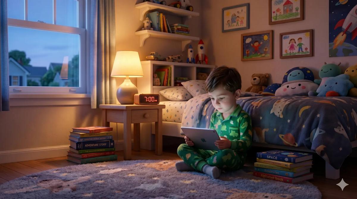 Child maintaining a daily reading routine with a tablet in their bedroom