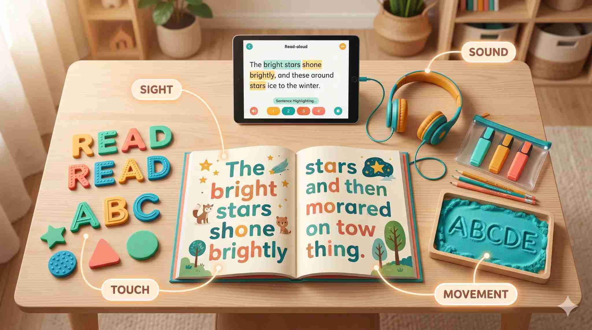Multisensory reading activities for children with dyslexia at home including tactile letters, read-aloud app, and kinetic sand