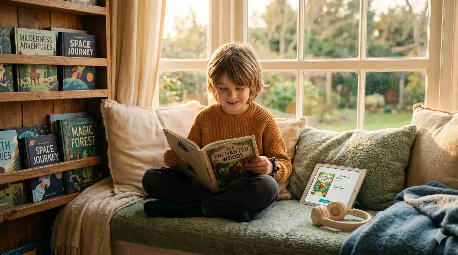 Child reading independently with confidence using dyslexia reading strategies in a cozy reading nook