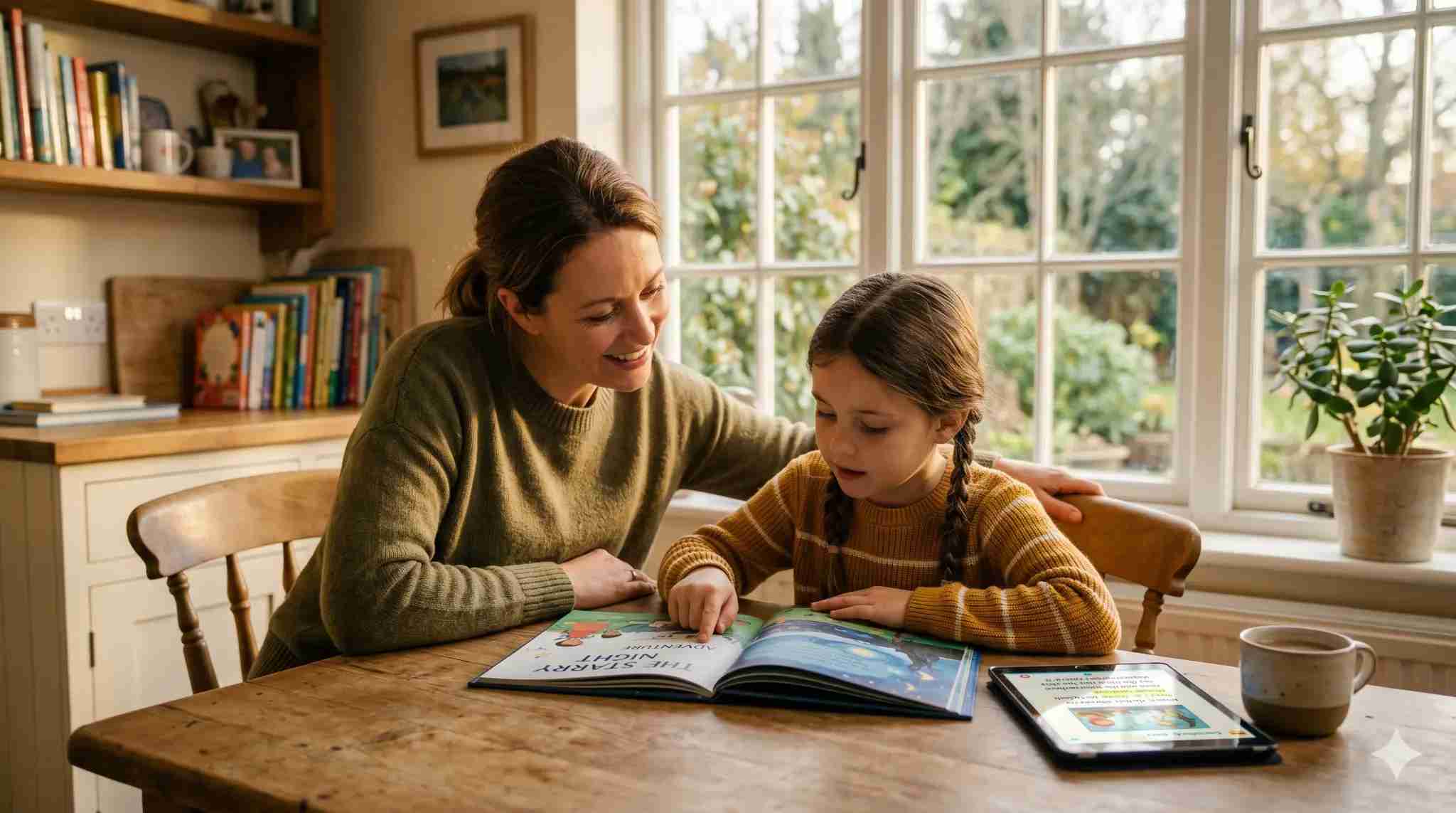 Parent and child practicing reading strategies for dyslexia at home