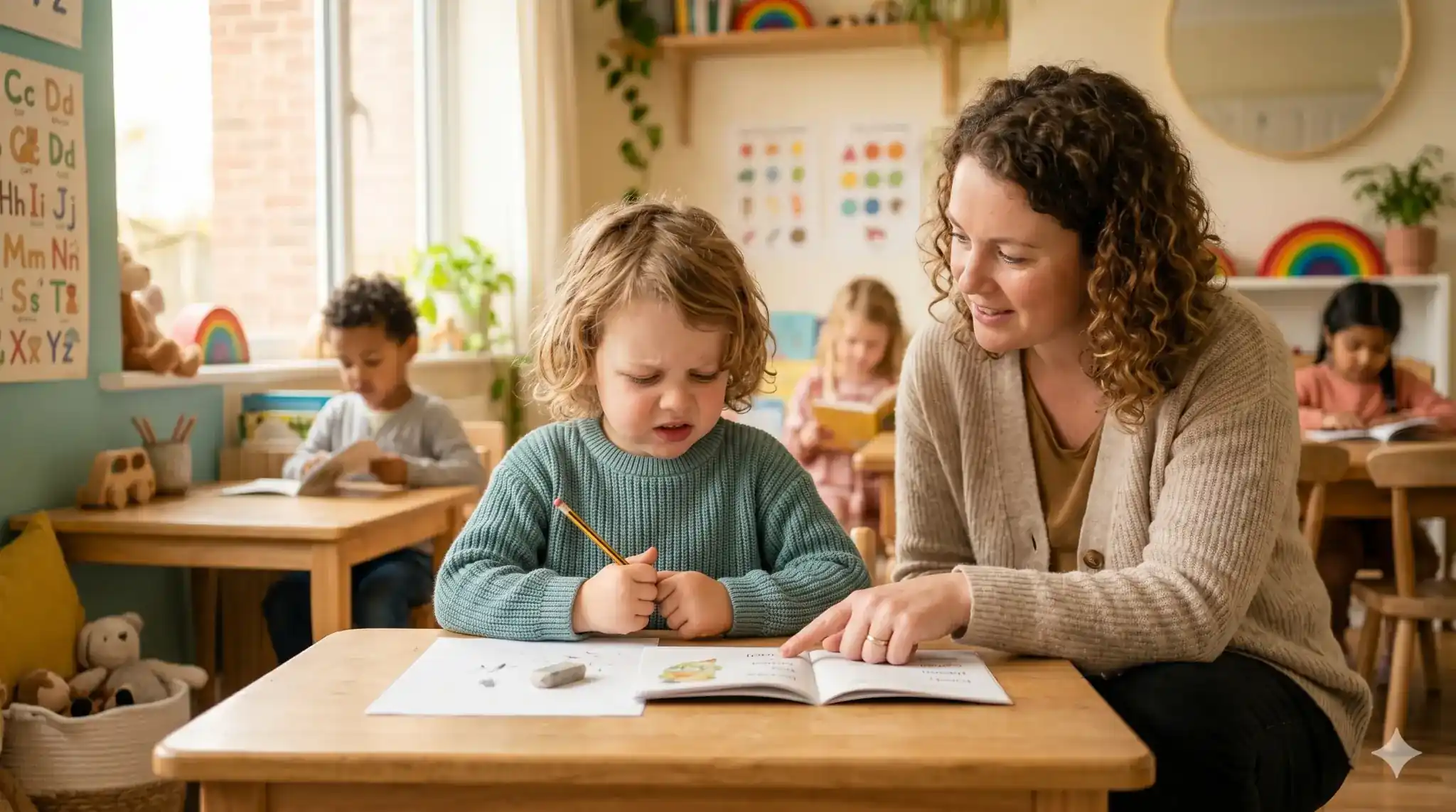 kindergarten dyslexia signs - teacher helping child read phonics