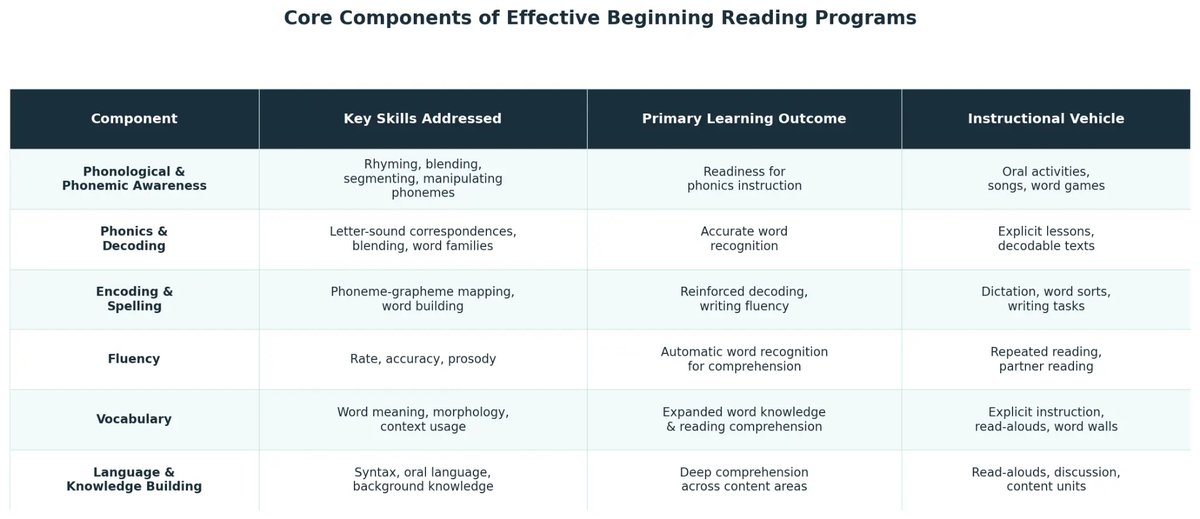 Table of core components of effective beginning reading programs including phonics, fluency, and vocabulary
