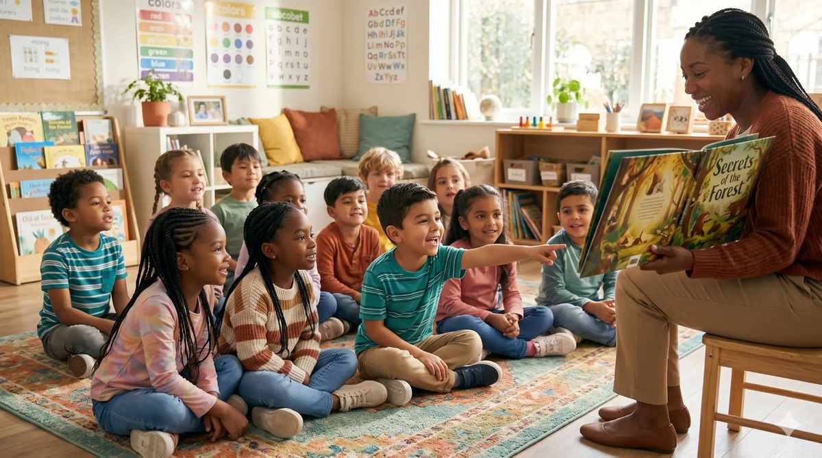 Teacher leading a read-aloud session to build vocabulary and background knowledge