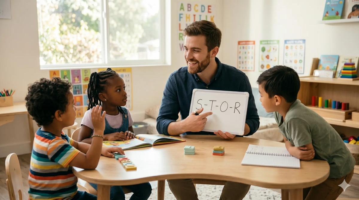 Teacher providing explicit phonics instruction to a small group of beginning readers