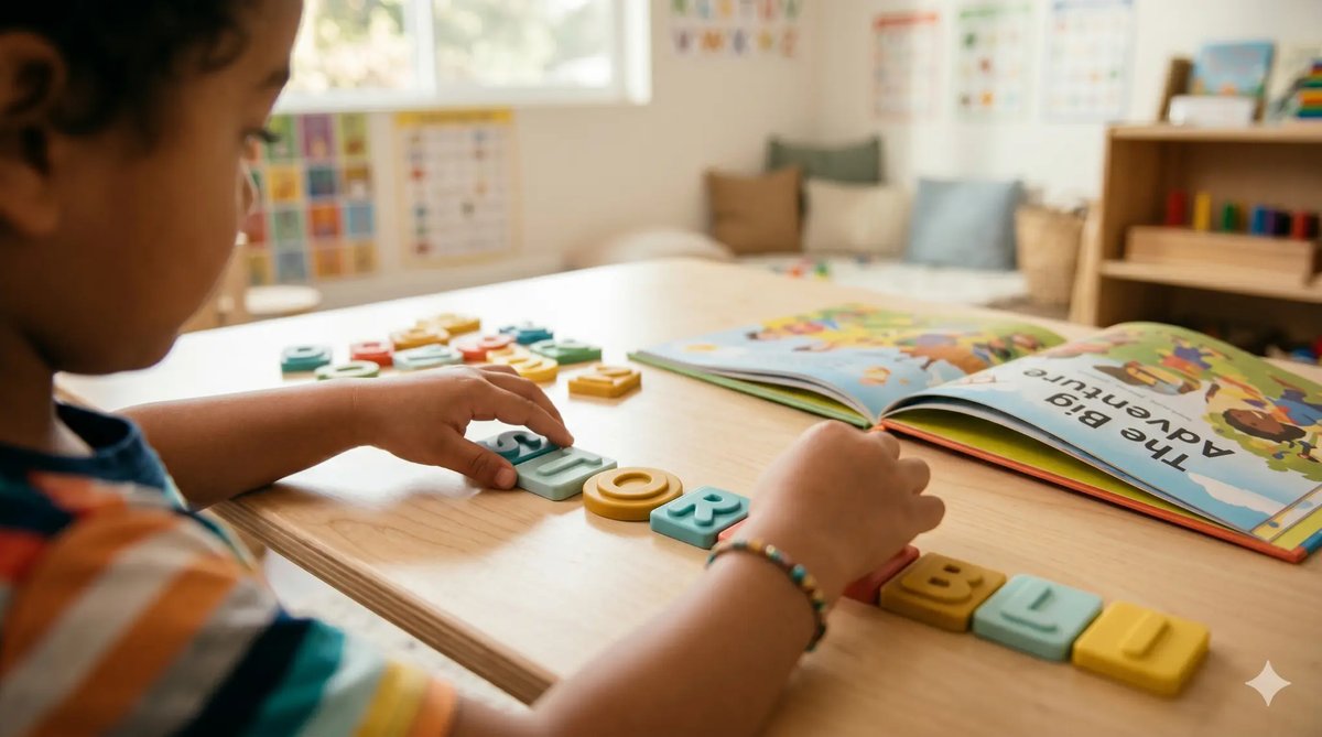 Child using colorful letter tiles for hands-on phonics learning