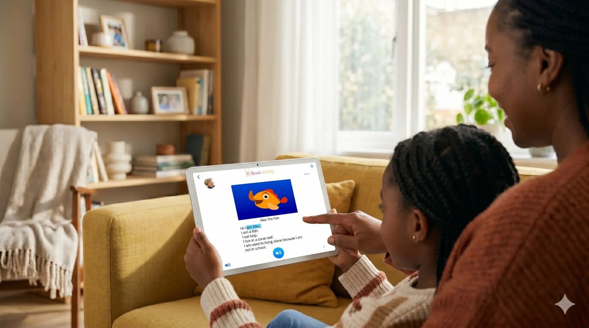 Mother and child using a reading app on a tablet to support early literacy at home