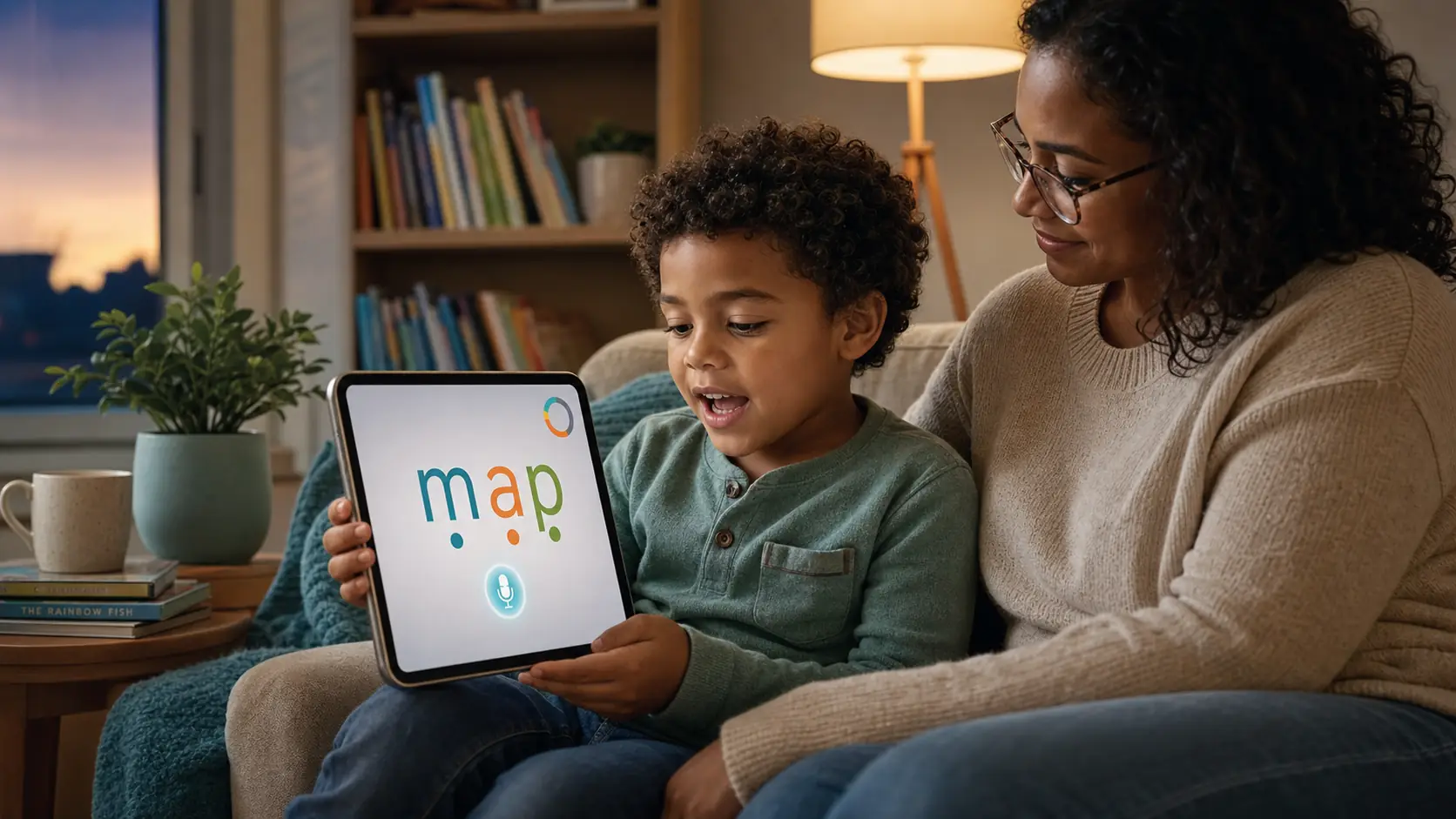 Child reading aloud on tablet with parent using the best app for learning to read with real-time oral reading feedback