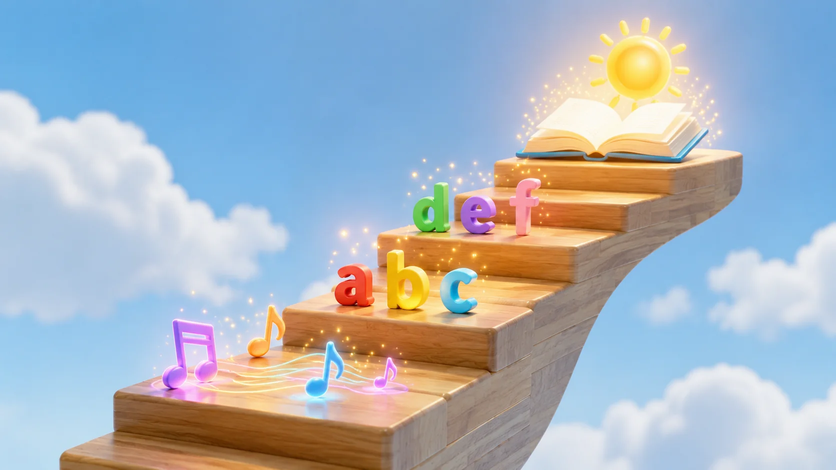 Early reading skills progression staircase showing phonics letters and open book representing fluency