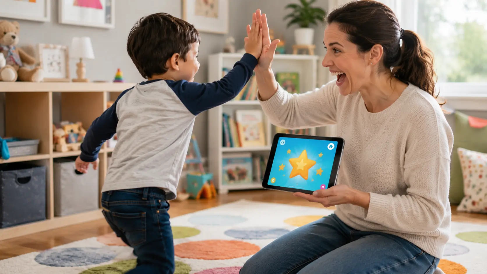 Parent and child celebrating reading app progress with a high five in a bright playroom